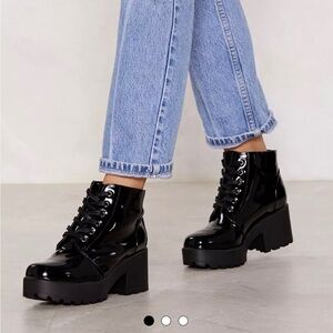 NASTY GAL Patent Faux Leather Block Heel Black Boots Booties SIZE 8 WORN ONCE